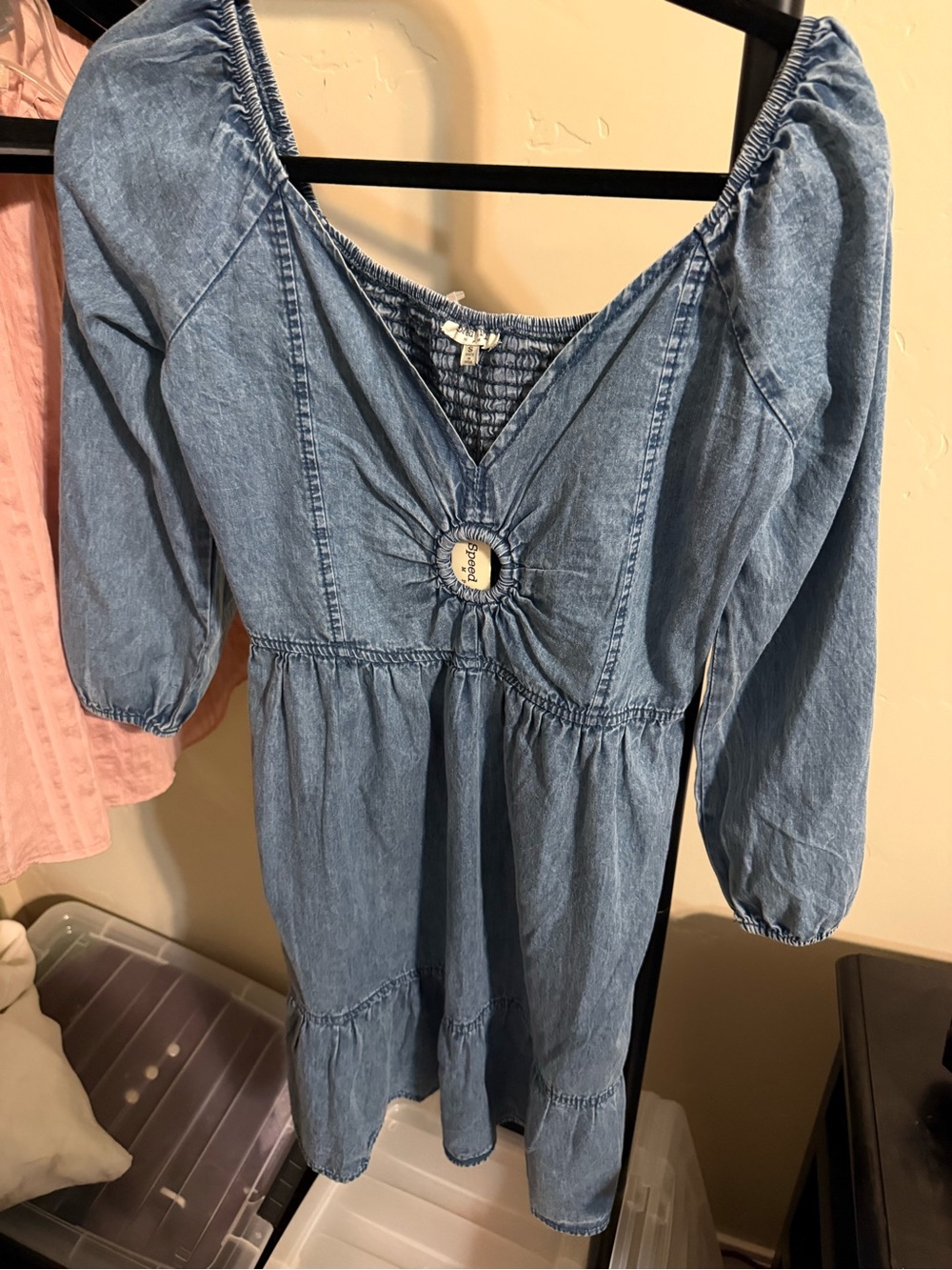 Denim Blue Midi Dress with Ruched V-Neck